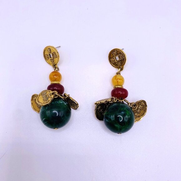 Boho Coin Charm Drop Earrings Green Bead Red Amber Accents Vintage Style - Picture 1 of 3